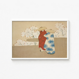 Framed Japanese-style Artwork Two Figures Traditional Attire Red Kamisaka Sekka’s Hanami, Meiji Era Rinpa Revival, Season