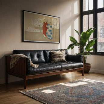 Hanami Season - Kamisaka Sekka Art Print / Canvas Black Leather Tufted Sofa Wooden Frame Arms Kamisaka Sekka’s Hanami, Meiji Era Rinpa