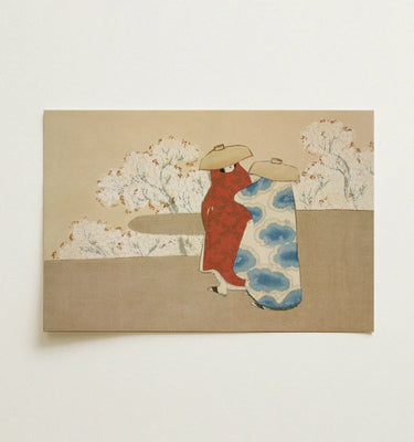Traditional Japanese Woodblock Print Two Figures Red Blue Kamisaka Sekka’s Hanami, Meiji Era Rinpa Revival, Season
