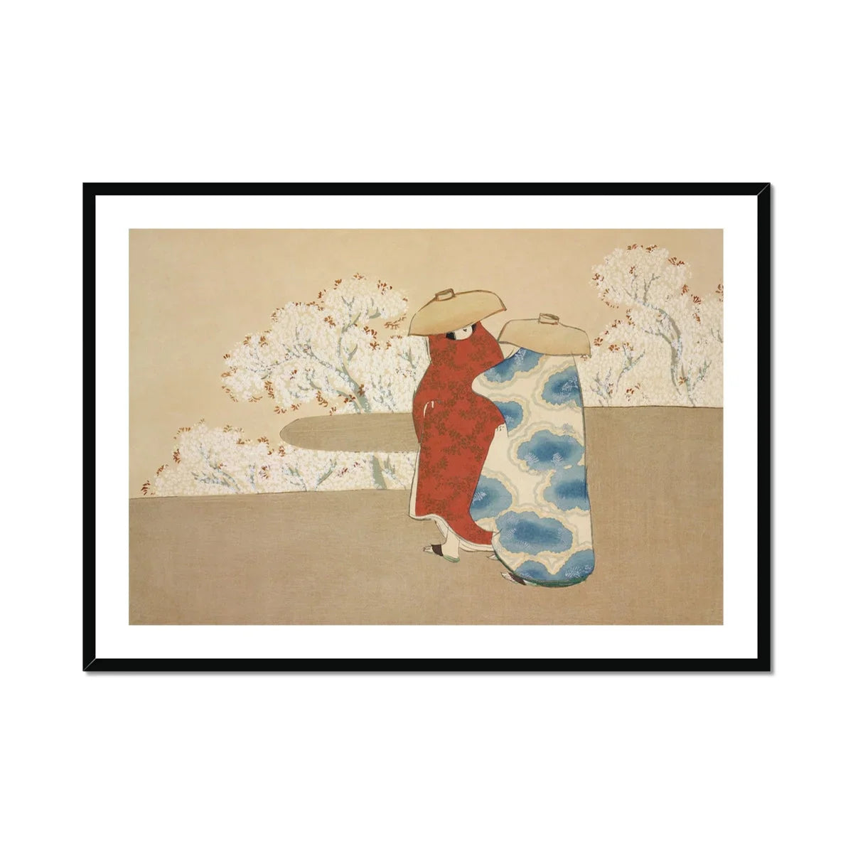 Hanami Season Kamisaka Sekka Art Print, Figure Red Kimono Blue Cloud Patterned Fabric Cherry Blossoms