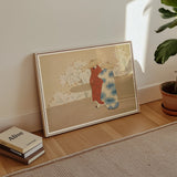 Hanami Season - Kamisaka Sekka Art Print, Framed Artwork Two Cats Red Blue Beige Background