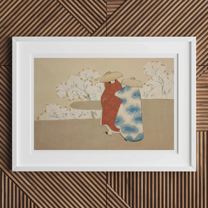Hanami Season - Kamisaka Sekka Art Print, White-framed Artwork Abstract Shapes Red Blue Beige Background