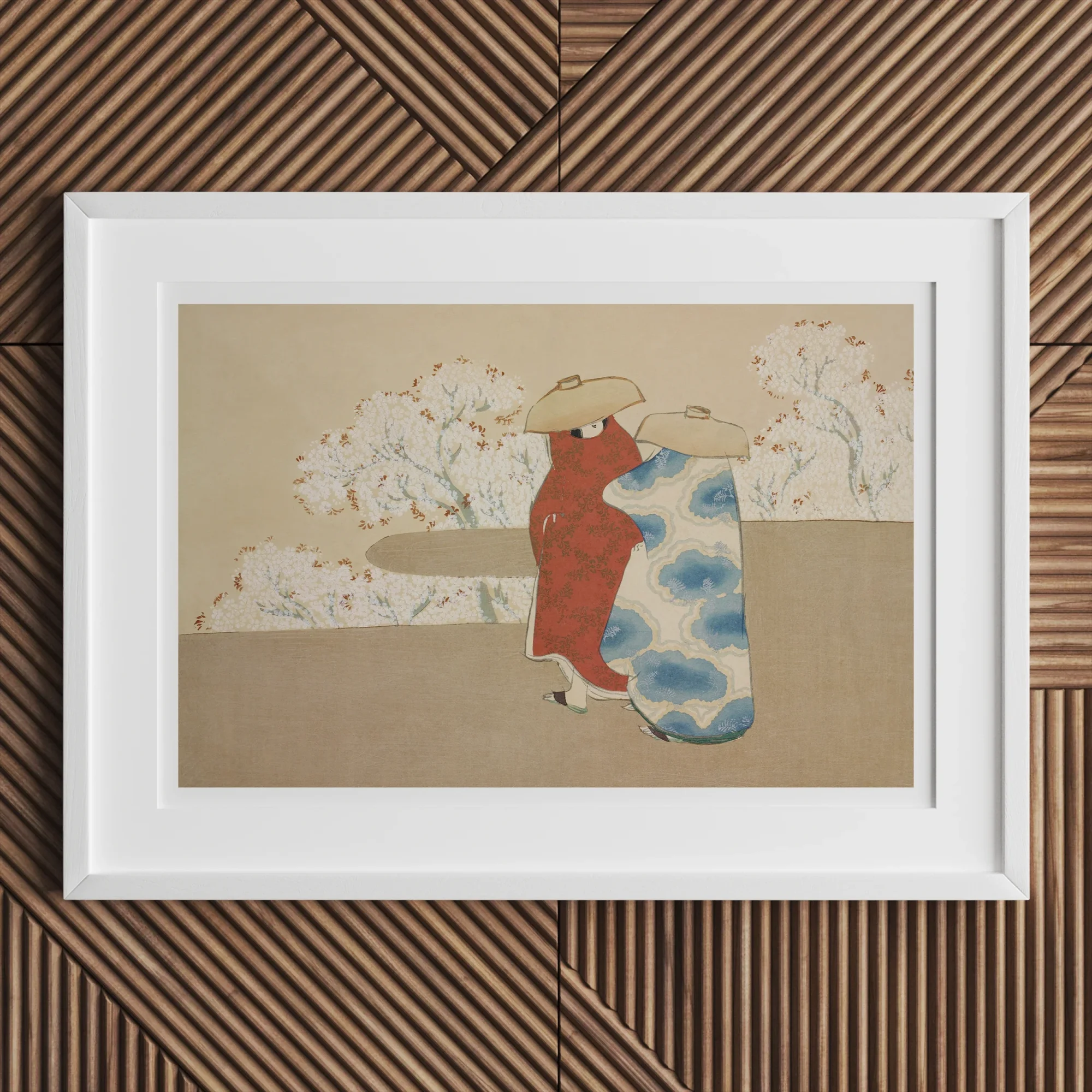 Hanami Season - Kamisaka Sekka Art Print, White-framed Artwork Abstract Shapes Red Blue Beige Background