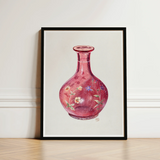 Hand Painted Carafe - Ralph Atkinson Art Print / Canvas Framed Watercolor Painting Translucent Pink Glass Vase Adorned Hand-painted,