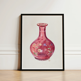 Hand Painted Carafe - Ralph Atkinson Art Print / Canvas Framed Watercolor Painting Translucent Pink Glass Vase Adorned Hand-painted,