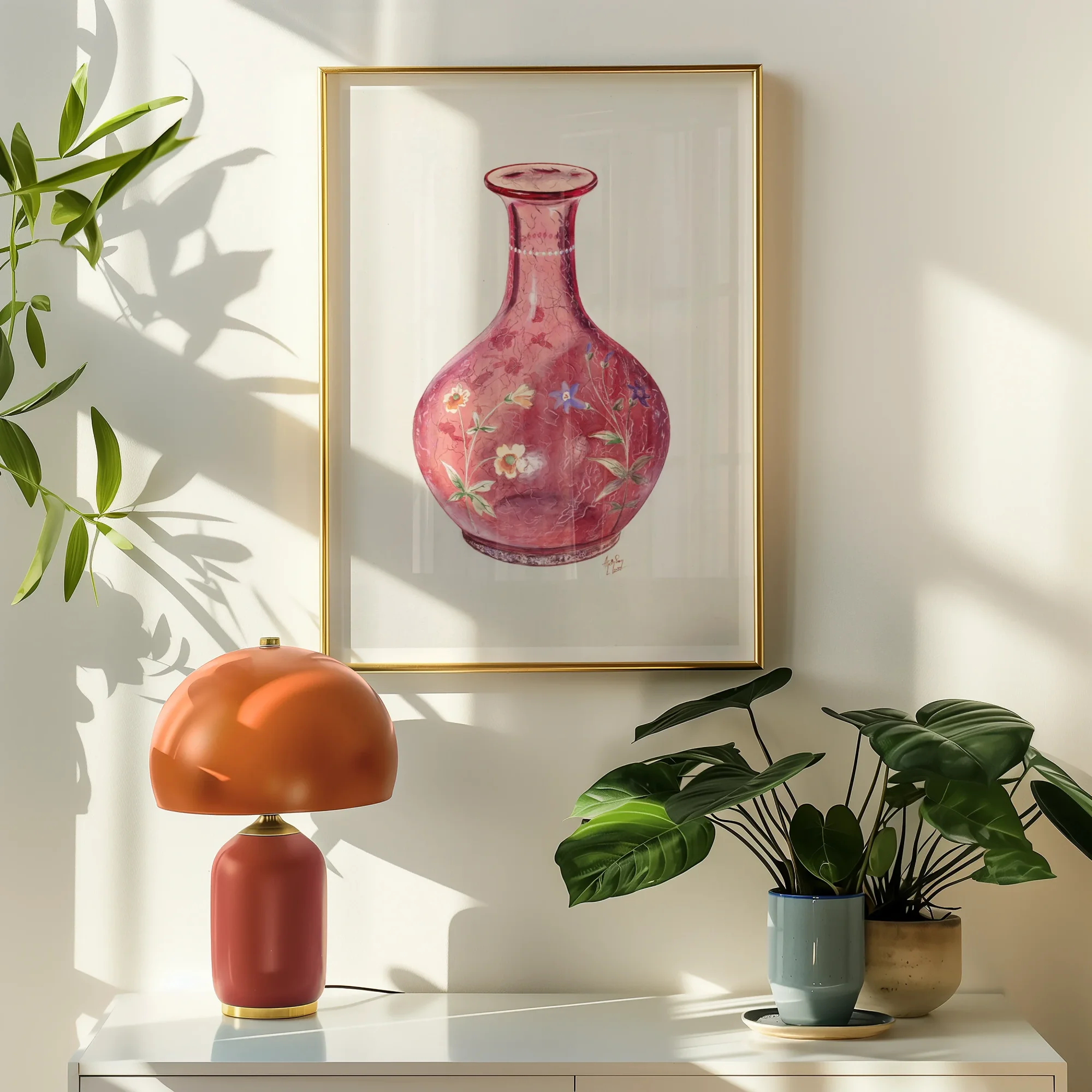Hand Painted Carafe - Ralph Atkinson Art Print, Framed Artwork Pink Glass Vase Rounded Body Narrow