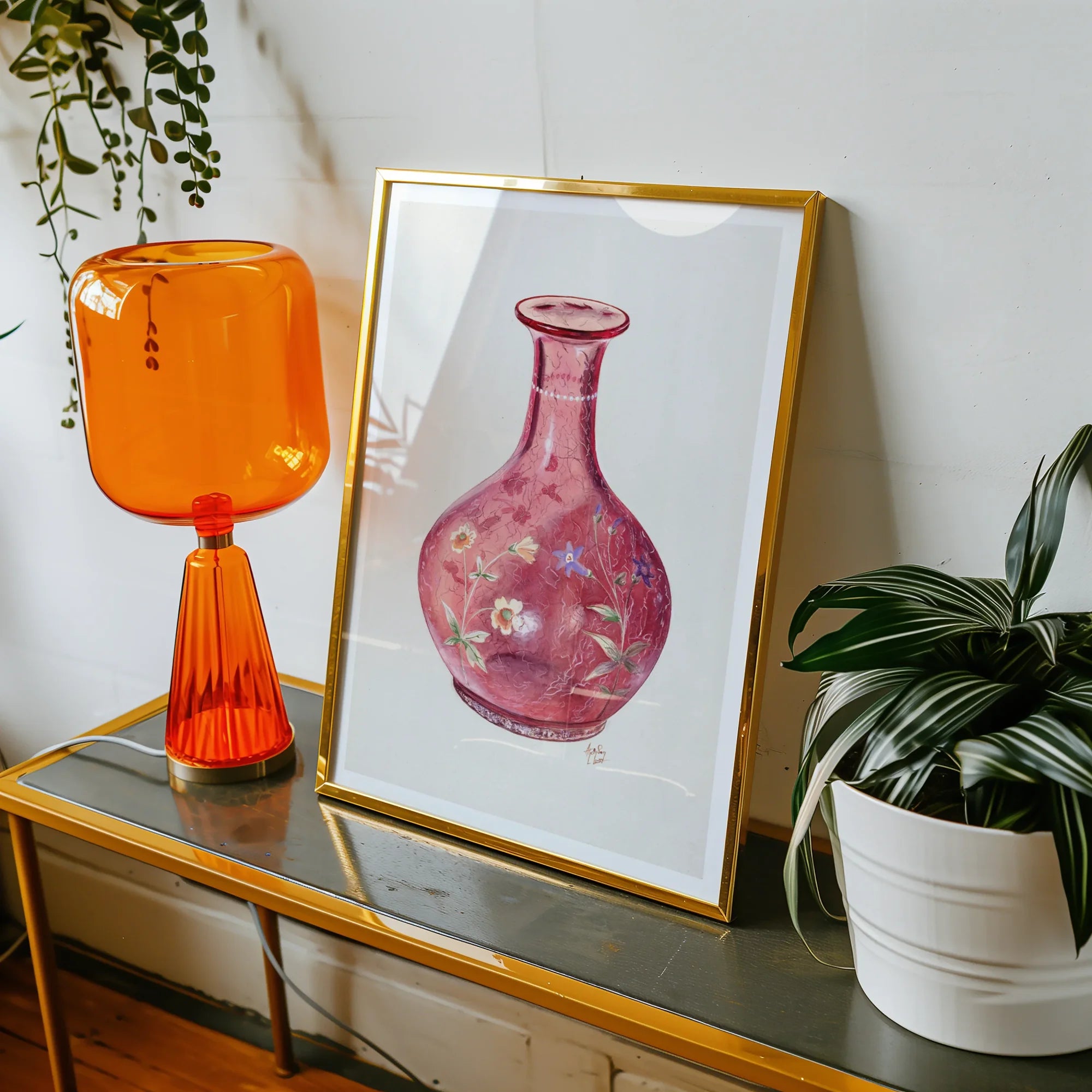 Hand Painted Carafe - Ralph Atkinson Art Print, Framed Watercolor Painting Pink Glass Vase Floral Designs