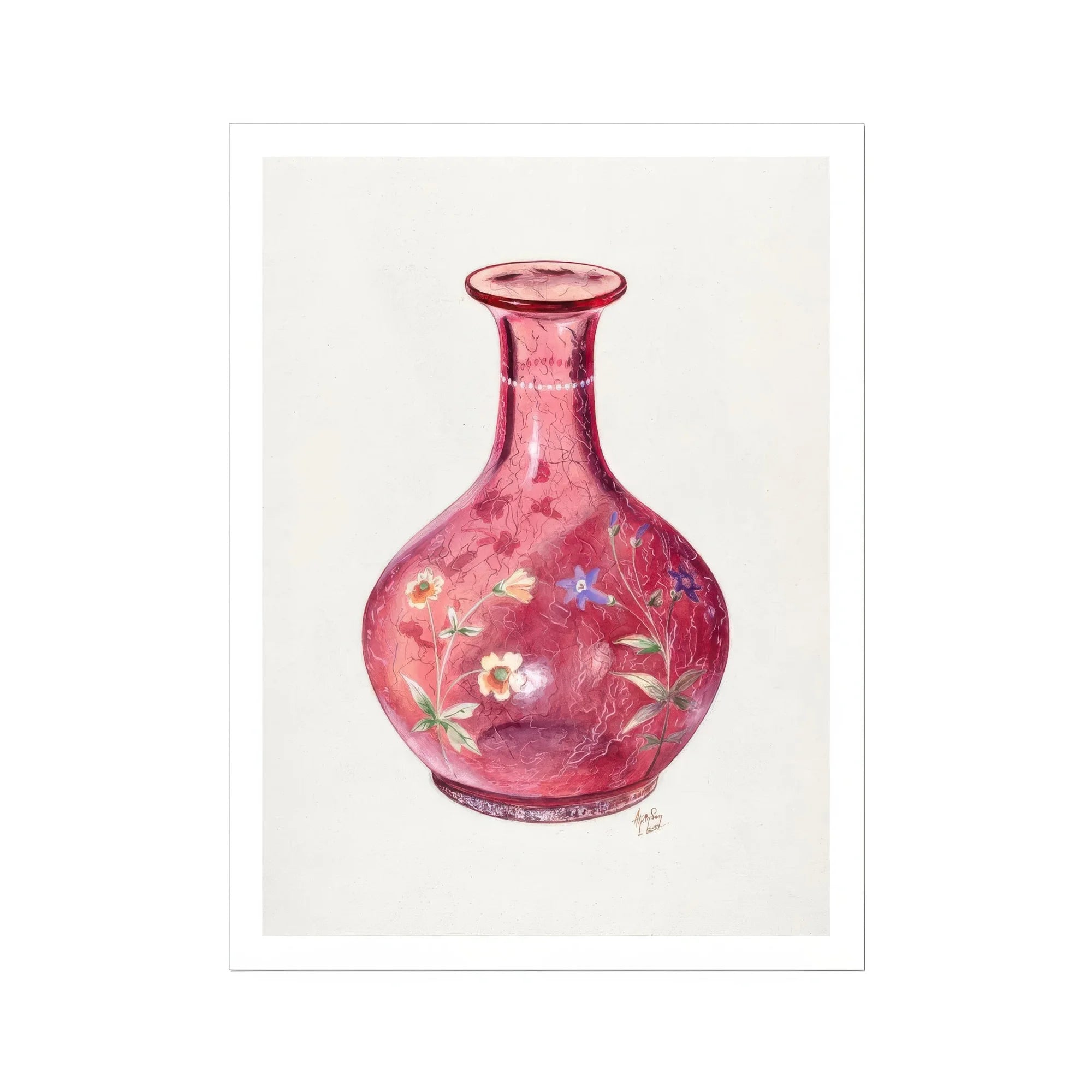 Hand Painted Carafe - Ralph Atkinson Art Print, Pink Glass Vase Delicate Floral Decorations