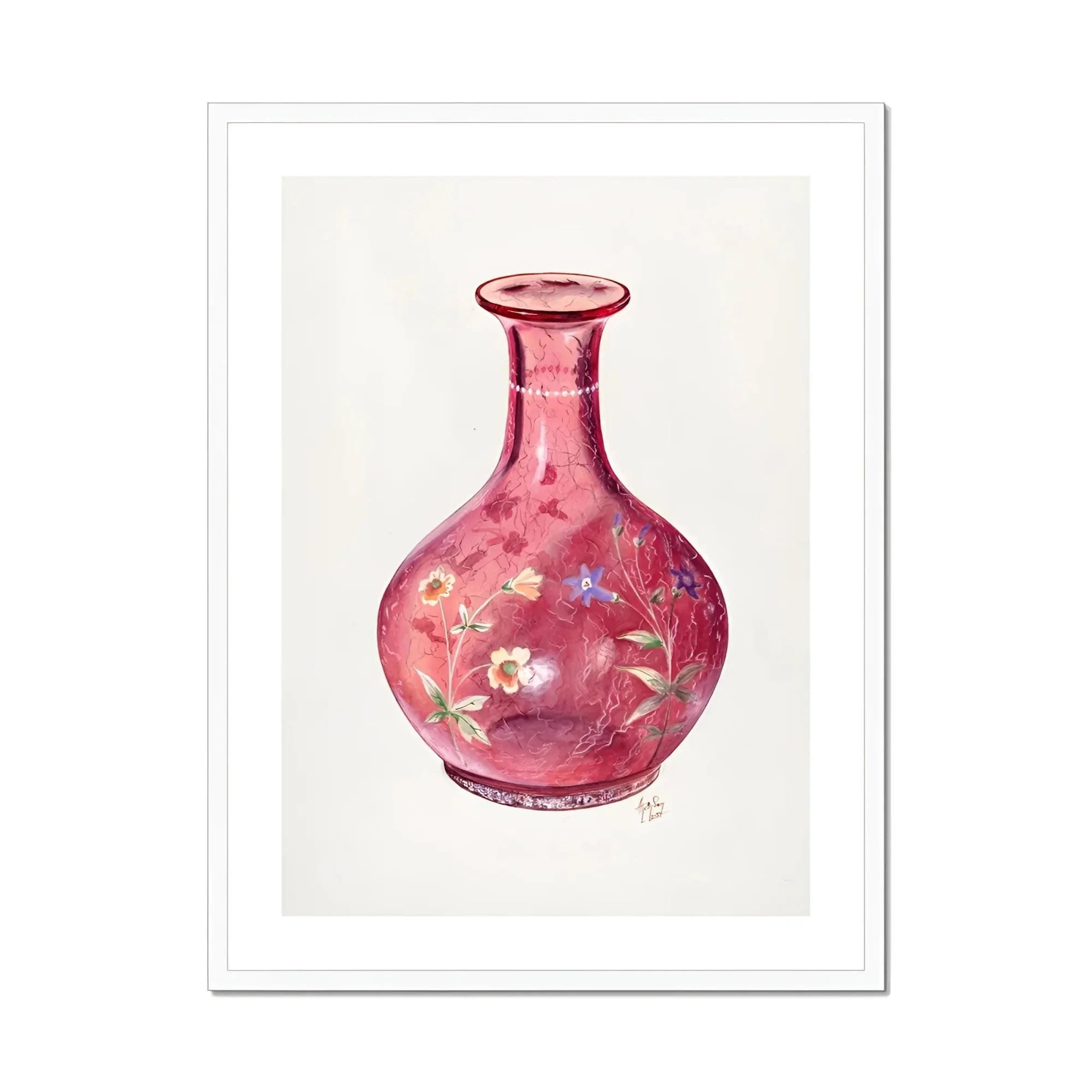 Hand Painted Carafe - Ralph Atkinson Art Print, Pink Glass Vase Delicate Floral Decorations Painted