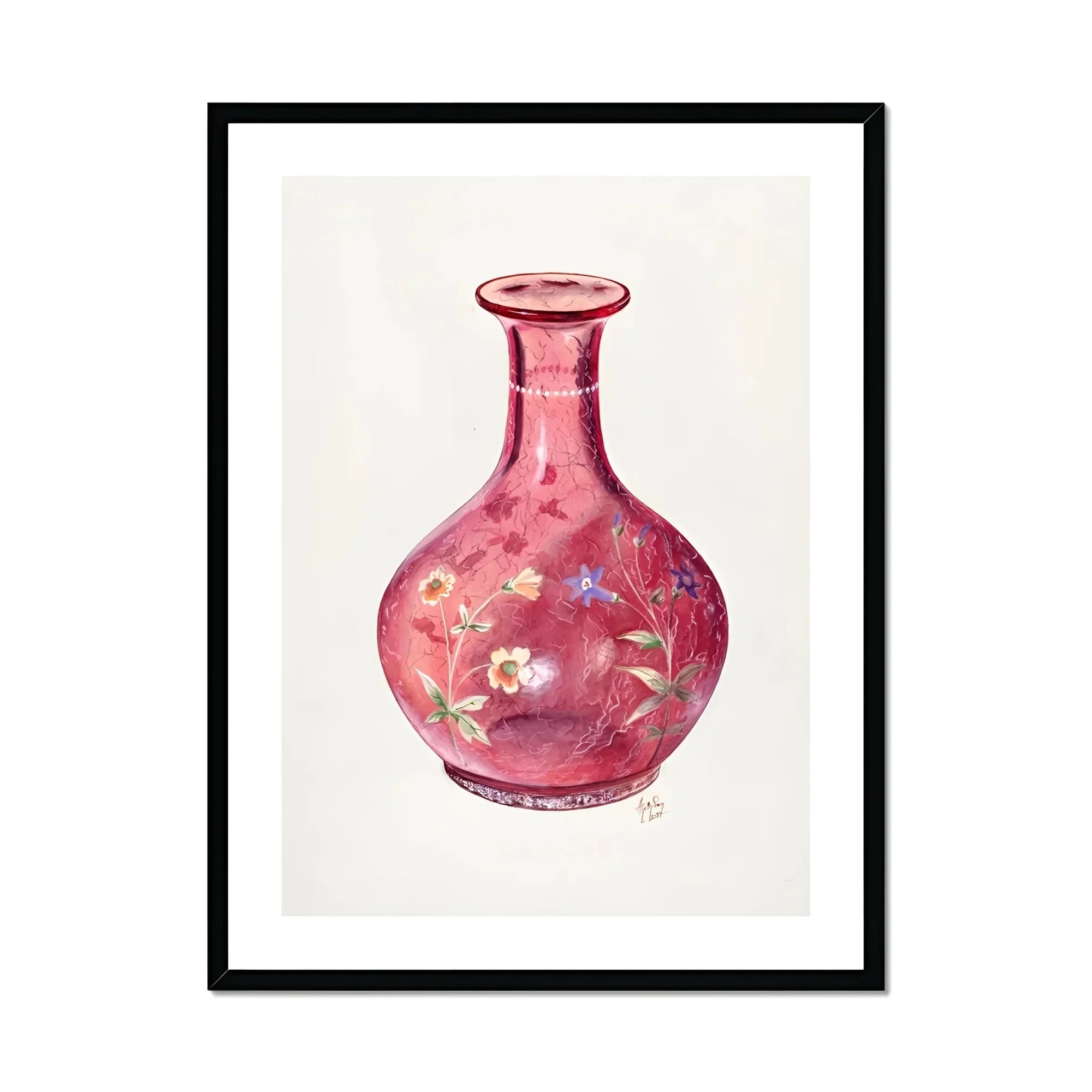 Hand Painted Carafe - Ralph Atkinson Art Print, Pink Glass Vase Delicate Floral Decorations Painted