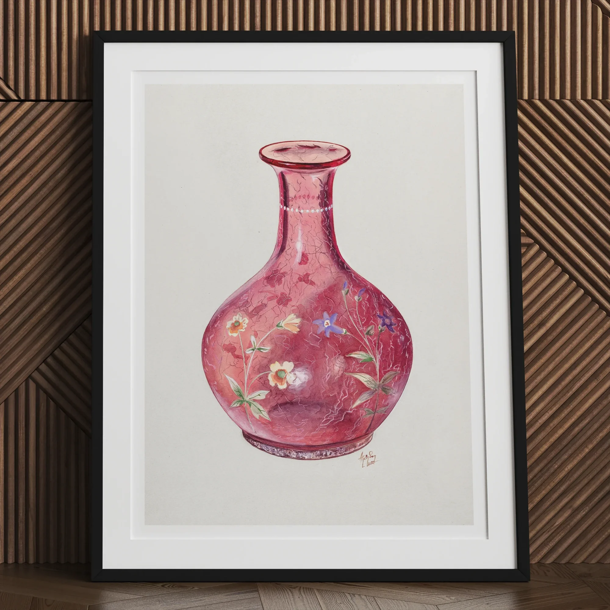 Hand Painted Carafe - Ralph Atkinson Art Print, Pink Glass Vase Floral Decorations