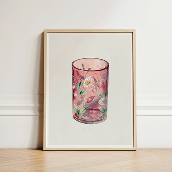 Hand Painted Glass - Ralph Atkinson Art Print / Canvas Pink Candle Holder Delicate White Daisies Green Hand-painted, Decorative, Bygone Era