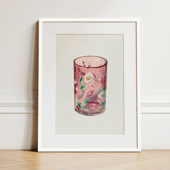 Hand Painted Glass - Ralph Atkinson Art Print / Canvas Pink Glass Candle Holder Delicate White Daisies Green Hand-painted Art, Ralph
