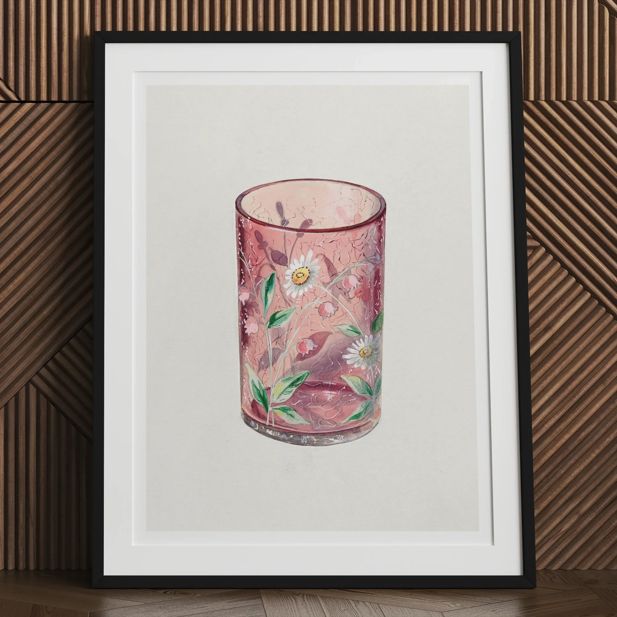 Hand Painted Glass - Ralph Atkinson Art Print, Framed Artwork Pink Glass Floral Designs Painted