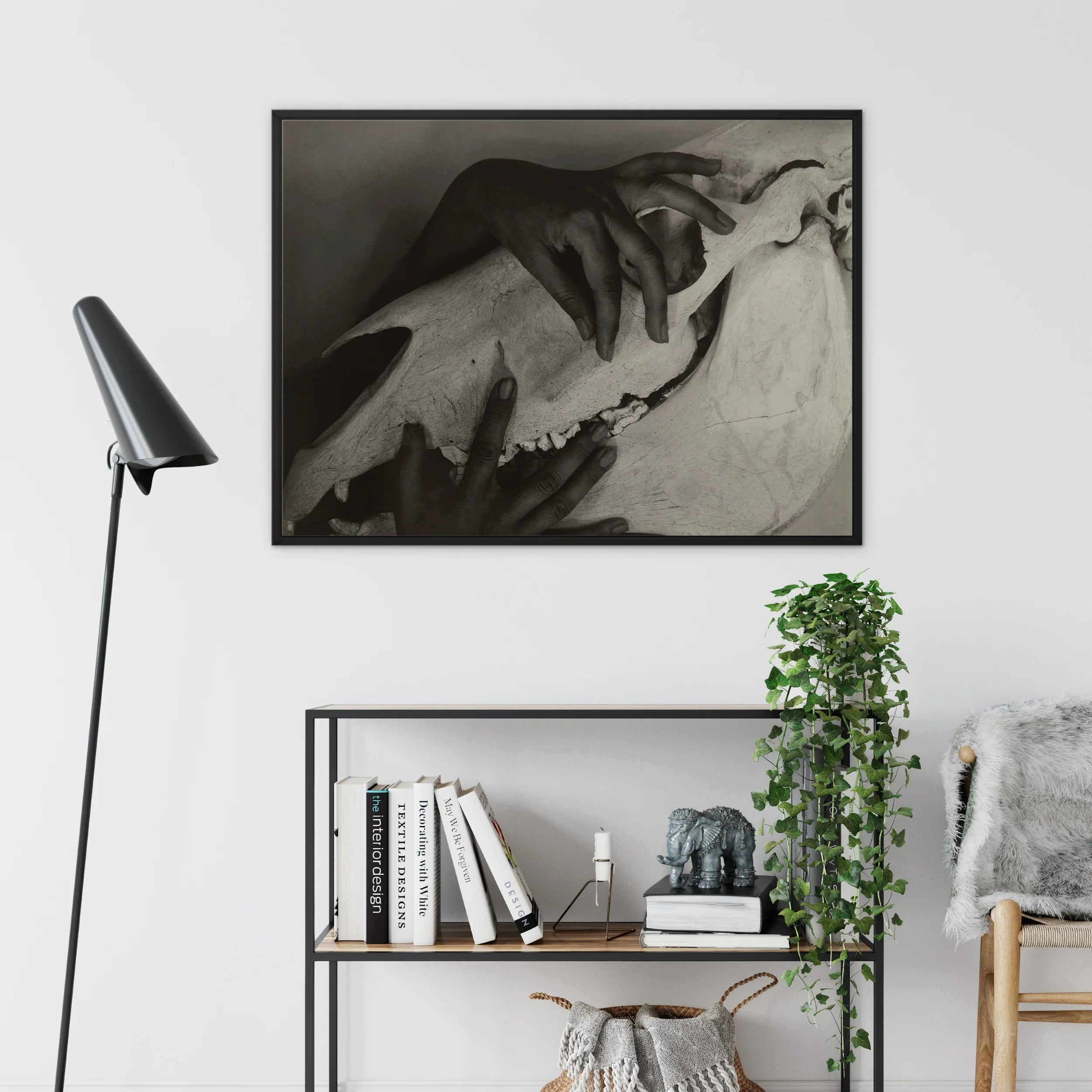 Hands and Horse Skull Alfred Stieglitz Framed Canvas, Black White Abstract Artwork Brushstrokes Mounted Dark Frame