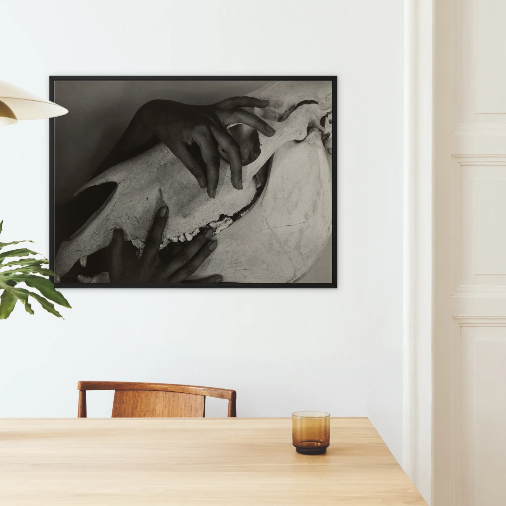 Hands and Horse Skull - Alfred Stieglitz Framed Canvas, Black White Abstract Artwork Dark Frame