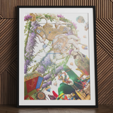 Hanuman the Handyman - Monkey God Carnival Art Print Framed Artwork Vibrant Surreal Scene Golden White Figures Clad Monkey, Monkey God