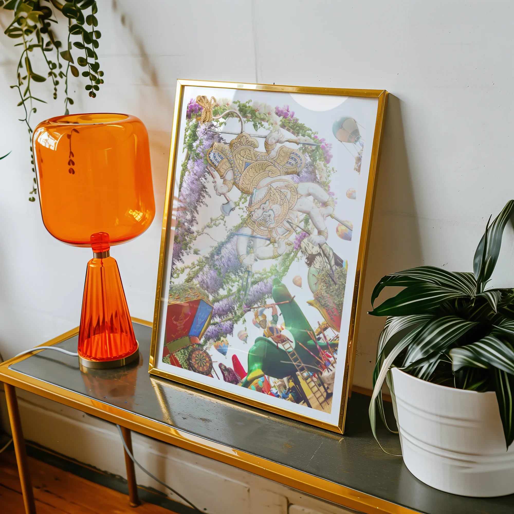 Hanuman the Handyman - Monkey God Carnival Art Print, Framed Colorful Artwork Whimsical Nature Scene Animals Plants