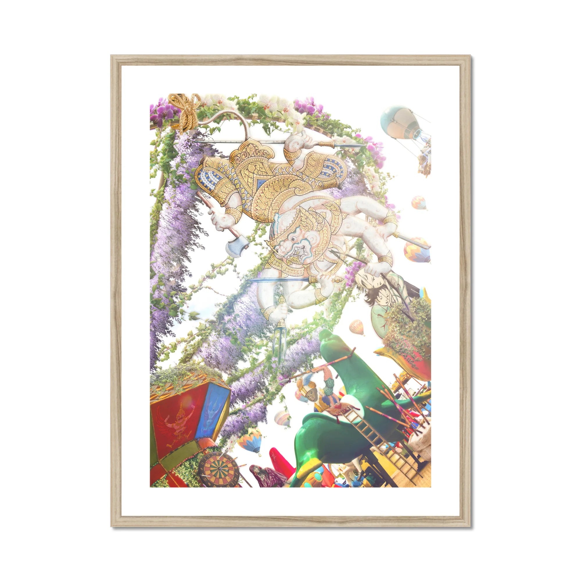 Hanuman the Handyman - Monkey God Carnival Art Print, Framed Surreal Floral Artwork