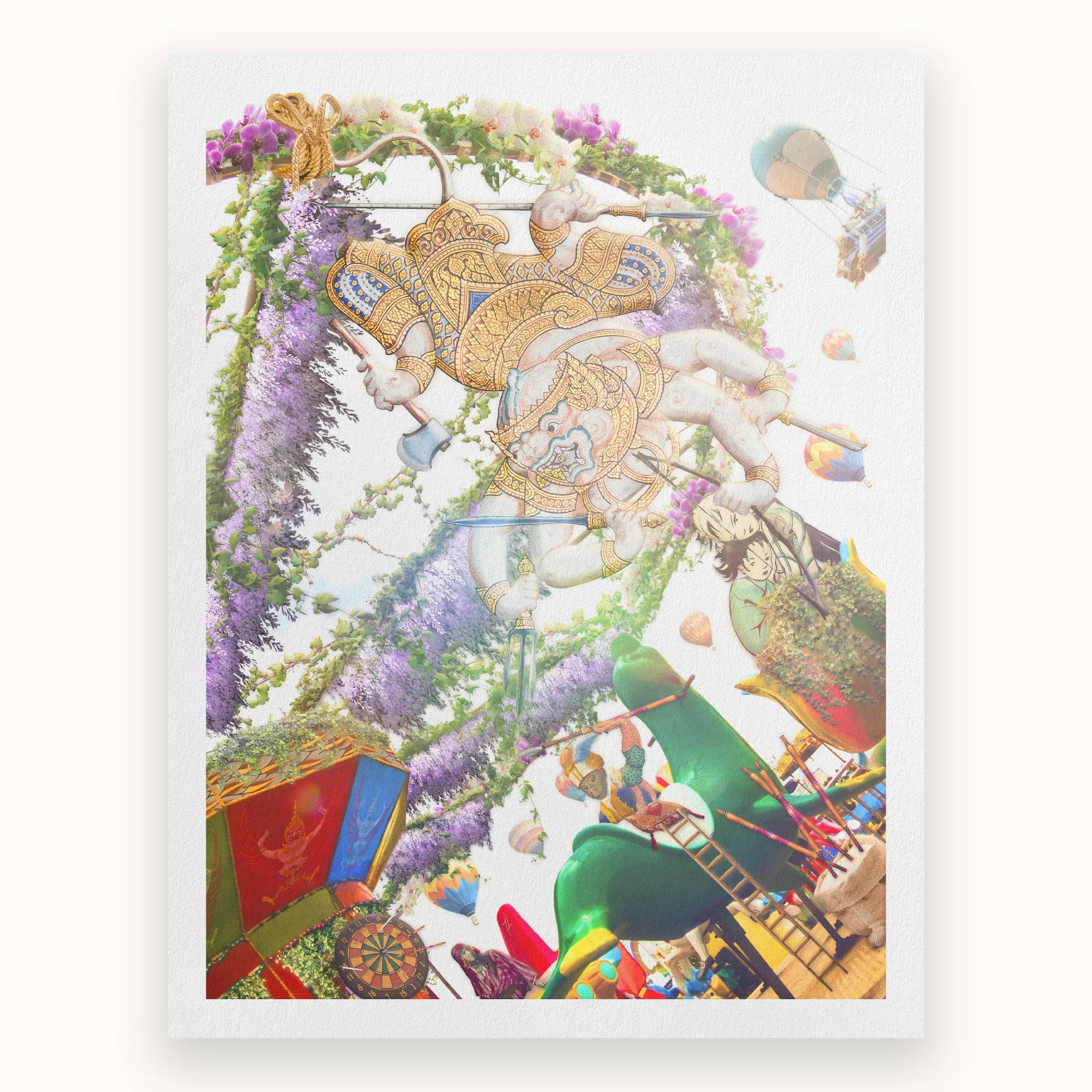 Hanuman the Handyman - Monkey God Carnival Art Print, Ornate Golden Sculpture Multi-armed Deity Surrounded Colorful Flowers