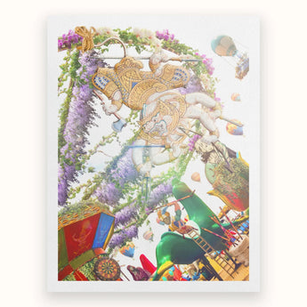 Hanuman the Handyman - Monkey God Carnival Art Print Ornate Golden Sculpture Multi-armed Deity Surrounded Colorful Flowers Clad Monkey,