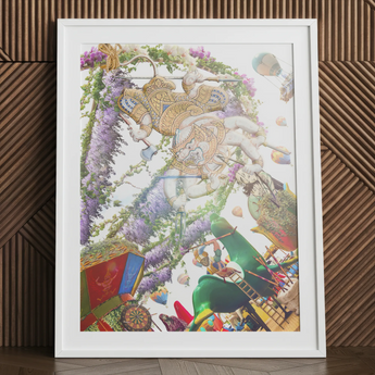 Hanuman the Handyman - Monkey God Carnival Art Print Vibrant Framed Artwork Whimsical Scene Golden White Figures Clad Monkey, Monkey God
