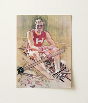 Vintage-style Watercolor Painting Depicts Young Male Rower Red Happy, Leyendecker Art Print, Newsreels Owned, Sports Page, Scribner’s