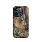 A Hare in the Forest - Hans Hoffman Iphone Case, 15 Pro / Matte, Smartphone Case Nature-themed Illustration Rabbit Butterflies