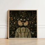 Harold & Claude - Netherlandish Gay Twins Art Print / Canvas Square-framed Dual Portrait Figures Adorned Floral, Prints