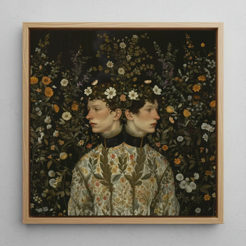 Harold & Claude - Netherlandish Gay Twins Art Print / Canvas Square-framed Artwork Two Figures Floral Attire Surrounded Dense Netherlandish