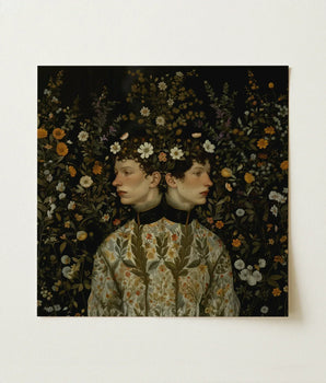 Square-framed Artwork Two Identical Figures Profile Adorned Floral Netherlandish Gay Twins, Art, Print