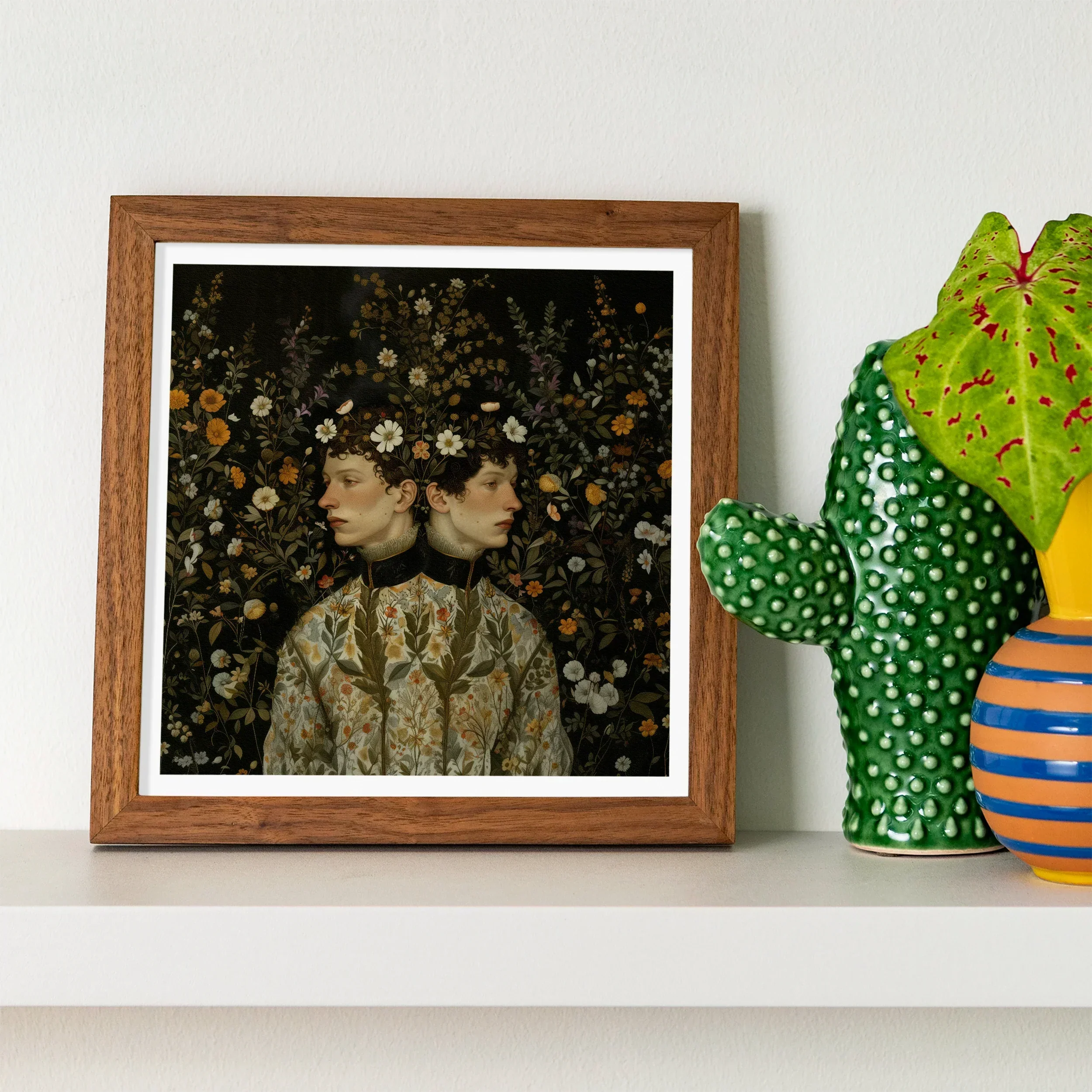Harold & Claude - Netherlandish Gay Twins Art Print, Framed Artwork Two Figures Surrounded Floral Patterns