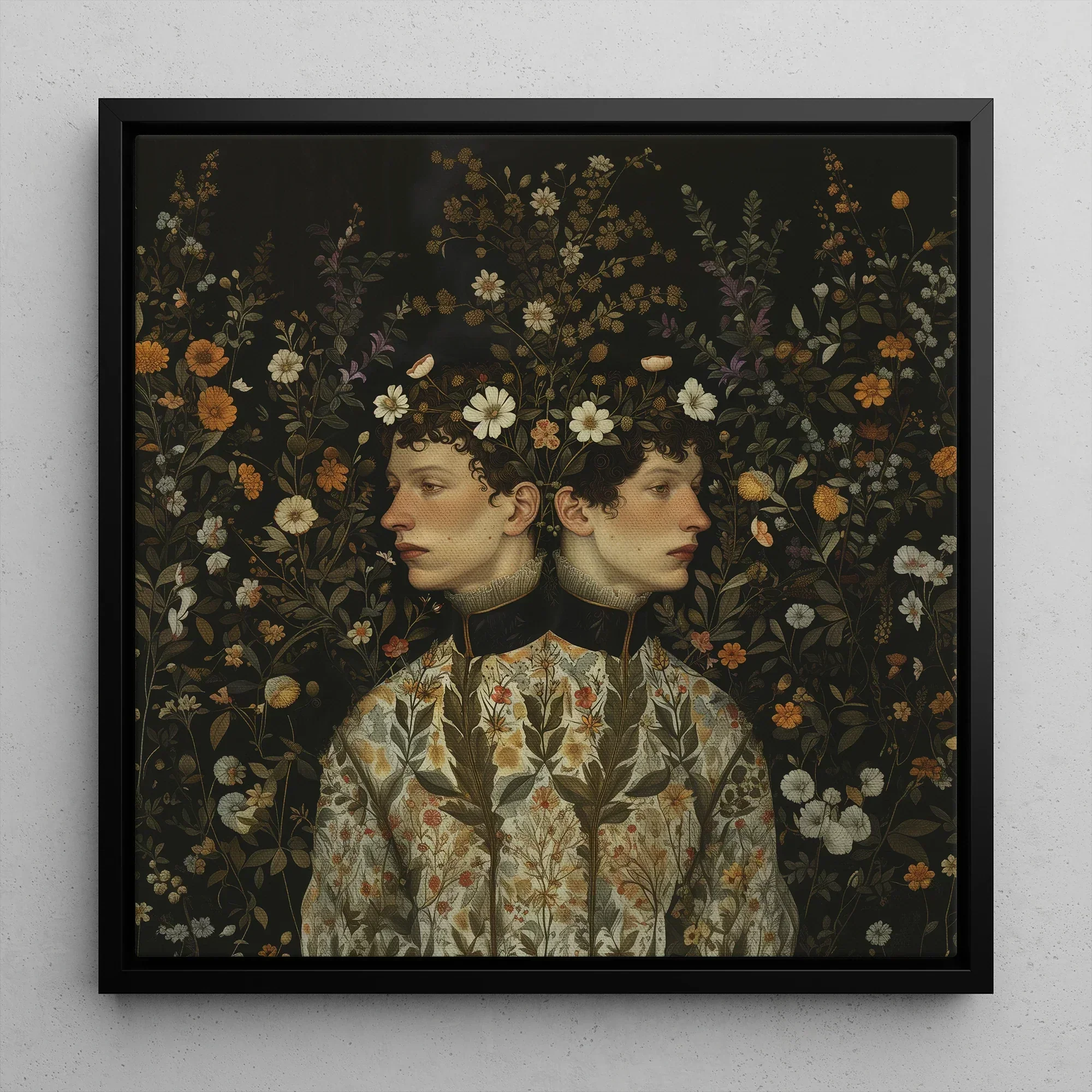 Harold & Claude - Netherlandish Gay Twins Framed Canvas, 12x12’’ / 31x31cm / Black Floating Frame, Floral-themed Conjoined Twins Portrait