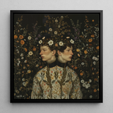Harold & Claude - Netherlandish Gay Twins Framed Canvas, 12x12’’ / 31x31cm / Black Floating Frame, Floral-themed Conjoined Twins Portrait
