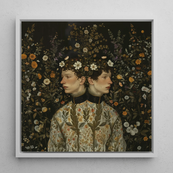 Harold & Claude - Netherlandish Gay Twins Framed Canvas, 12x12’’ / 31x31cm / White Floating Frame, Framed Floral Conjoined Twins Portrait