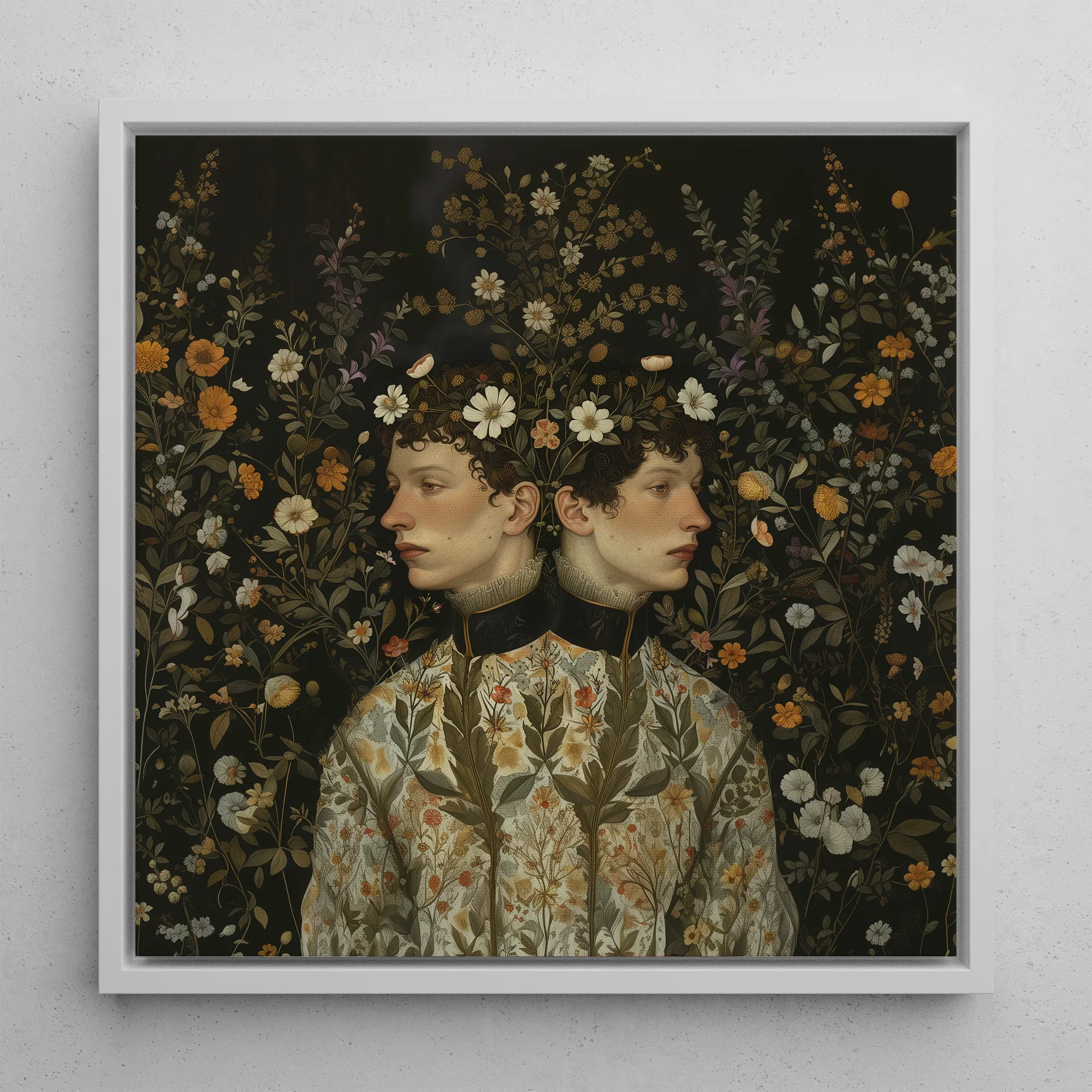 Harold & Claude Netherlandish Gay Twins Framed Canvas, Framed Floral Conjoined Twins Portrait