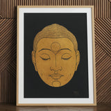 Golden Buddha head graphic art print in frame