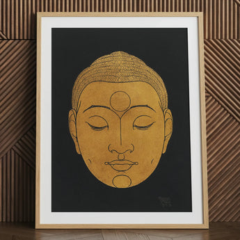 Golden Buddha head graphic art print in frame