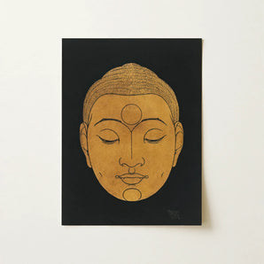 Head of Buddha - Reijer Stolk Graphic Art Print / Canvas Golden Buddha Face Print Black Canvas Reijer Stolk, Woodcut Head, Invites