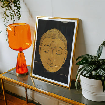 Head of Buddha - Reijer Stolk Graphic Art Print, Framed Artwork Golden Buddha Head Closed Eyes