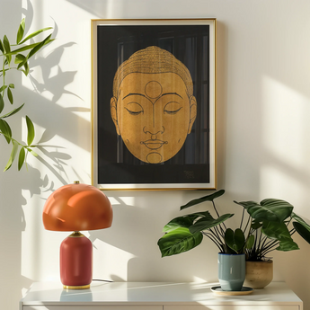 Head of Buddha - Reijer Stolk Graphic Art Print, Golden Buddha Head Artwork Framed Wall
