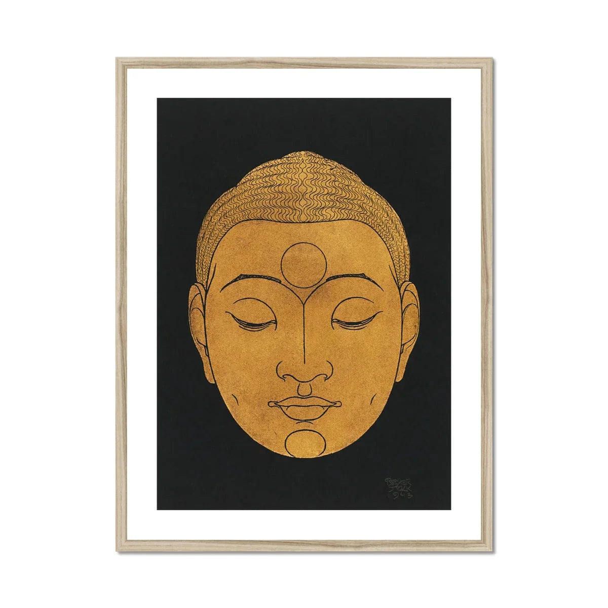 Head of Buddha - Reijer Stolk Graphic Art Print, Golden Buddha Head Closed Eyes Serene Expression