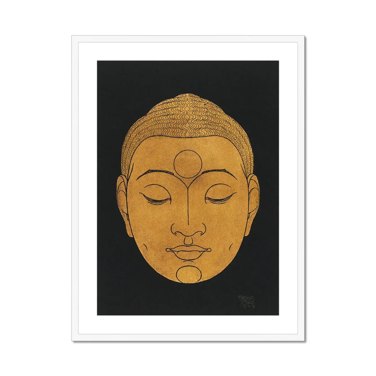 Head of Buddha - Reijer Stolk Graphic Art Print, Golden Buddha Head Closed Eyes Serene Expression