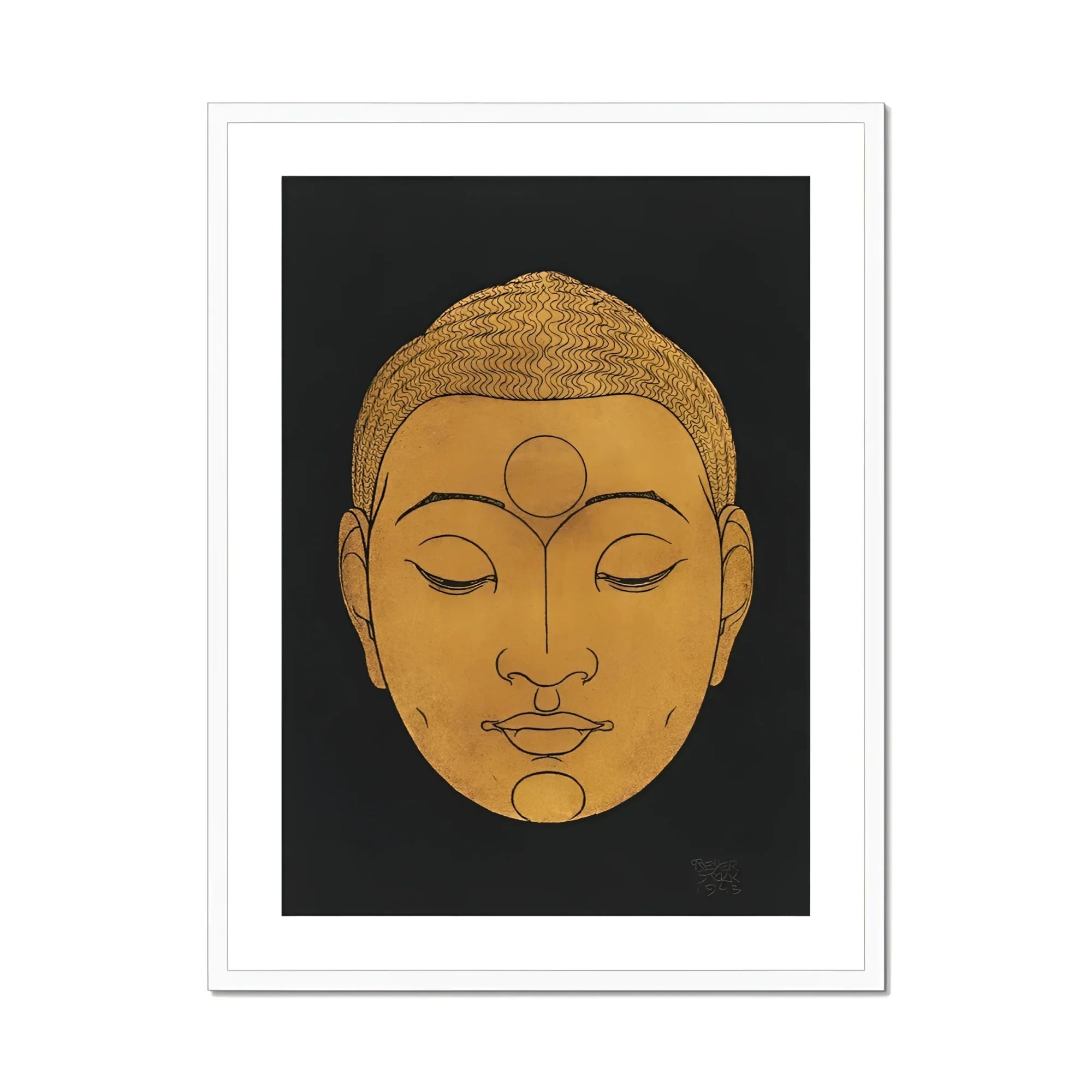 Head of Buddha - Reijer Stolk Graphic Art Print, Golden Buddha Head Closed Eyes Serene Expression