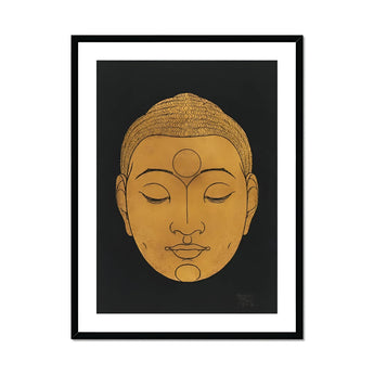 Head of Buddha - Reijer Stolk Graphic Art Print, Golden Buddha Head Closed Eyes Serene Expression Minimalist