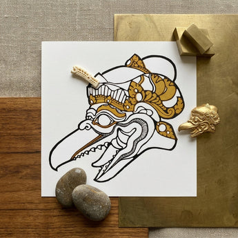 Head of Garuda - Reijer Stolk Graphic Art Print / Canvas Detailed Black-and-gold Line Traditional Balinese Mask White Paper Reijer Stolk’s