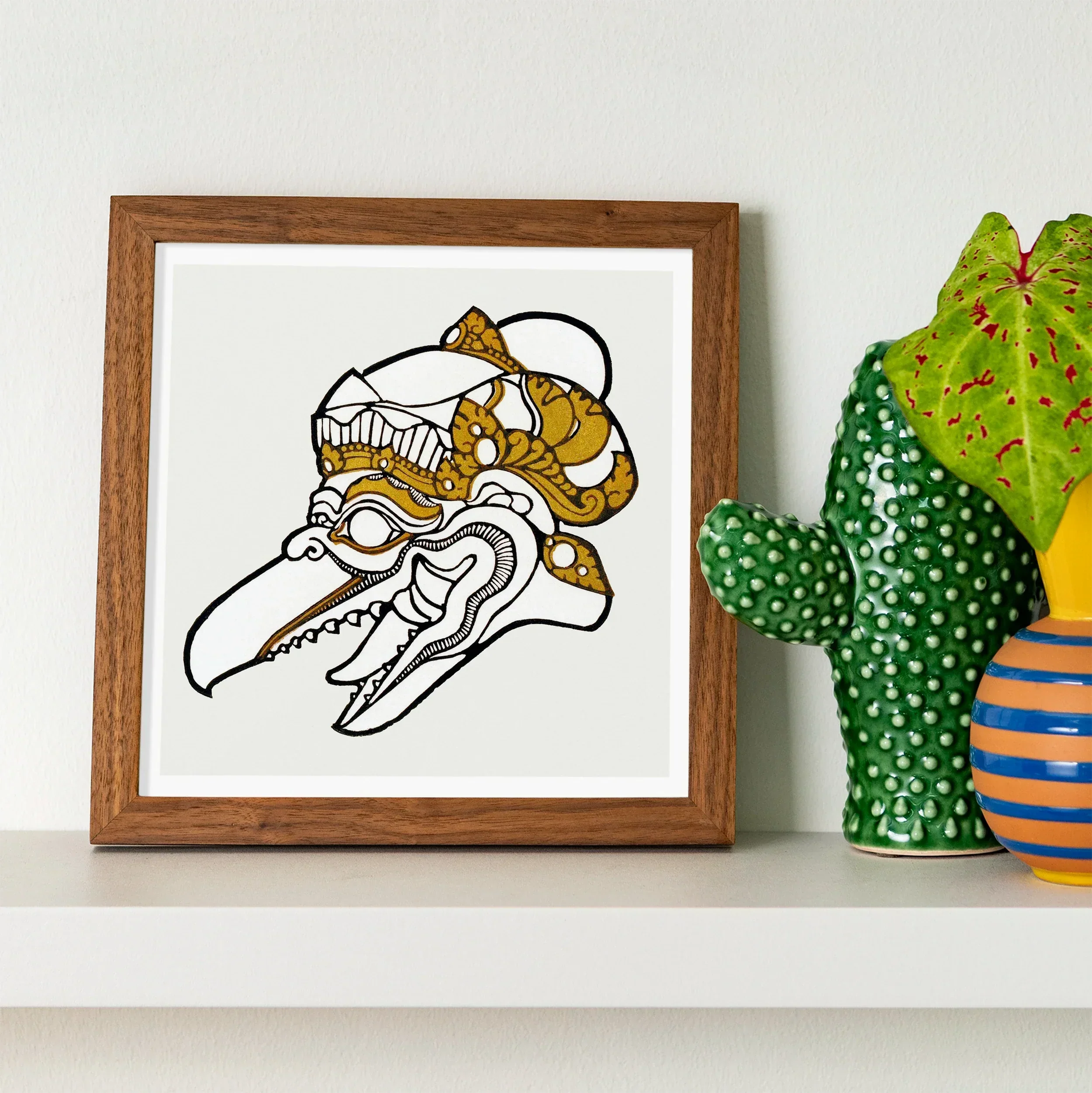 Head of Garuda - Reijer Stolk Graphic Art Print, Framed Black White Illustration Bird-like Creature Goggles Striped