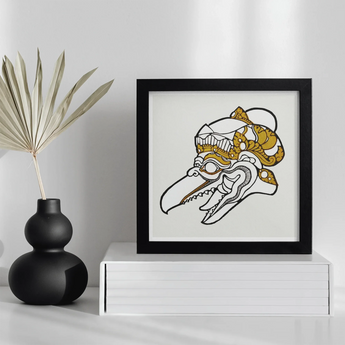 Head of Garuda - Reijer Stolk Graphic Art Print, Framed Black White Illustration Plague Doctor Mask Gold
