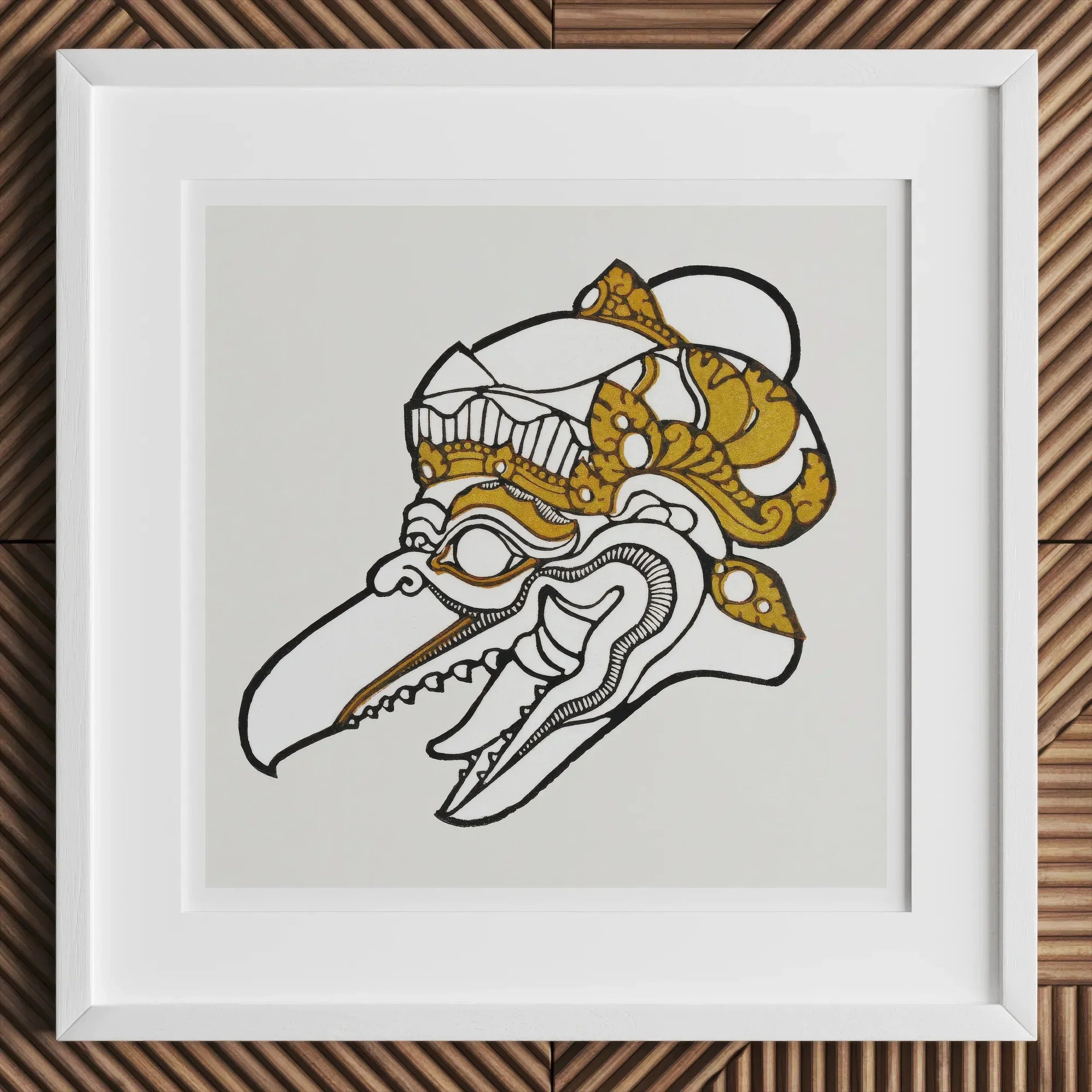 Head of Garuda - Reijer Stolk Graphic Art Print, Stylized Mythical Creature’s Head Long Snout Ornate Golden