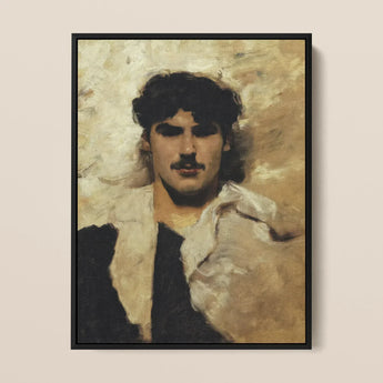 Head of a Male Model - John Singer Sargent Art Print / Canvas Black-framed Portrait Man Dark Curly Hair Mustache Black John Singer Sargent,